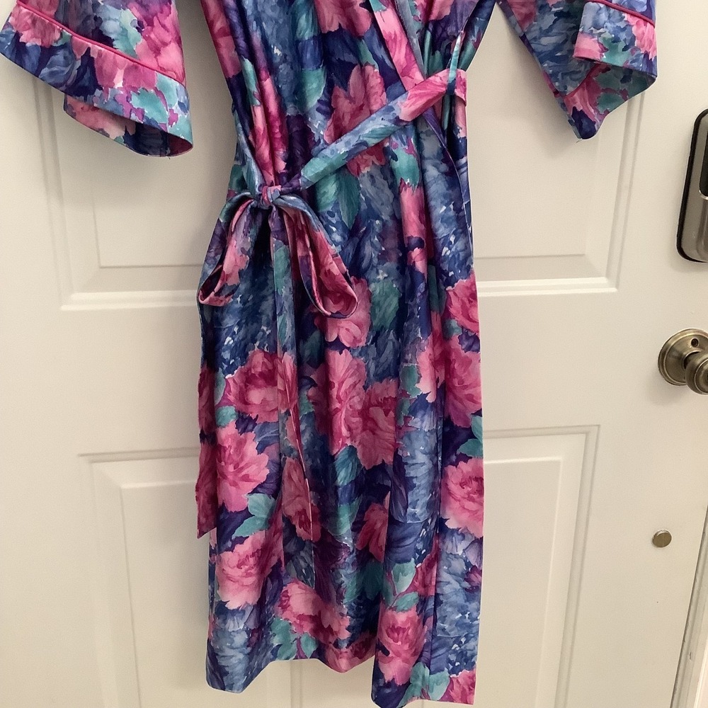 Vintage Christian Dior Floral Satin Nightgown Robe w/ Pockets & Tie Sash